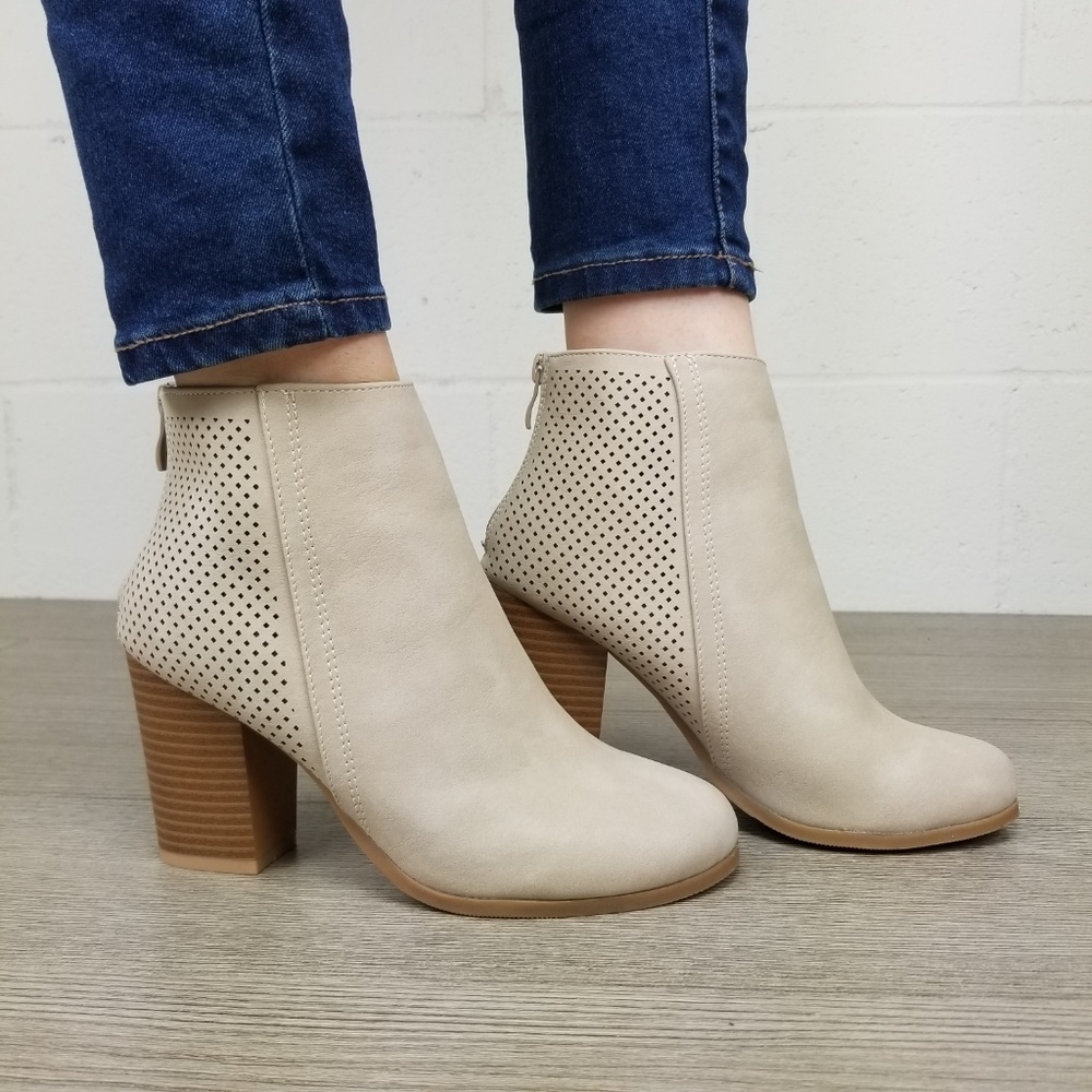 Beige Perforated Design Heel Ankle Booties - Picture 2 of 8